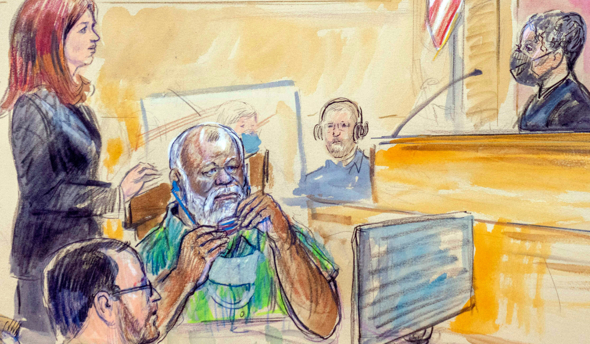 The artist sketch depicts Assistant US Attorney Erik Kenerson, front left, stands to represent Abu Agila Mohammad Mas'ud Kheir Al-Marimi in federal court in Washington, Dec. 12, 2022, as Magistrate Judge Robin Meriweather listens. (AP)