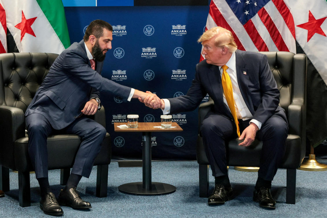 US President Donald Trump shakes hands with Syrian President Ahmed Al-Sharaa during a bilateral meeting alongside the NATO leaders summit at the Bestepe Presidential Compound in Ankara, Turkiye. (File/Reuters)