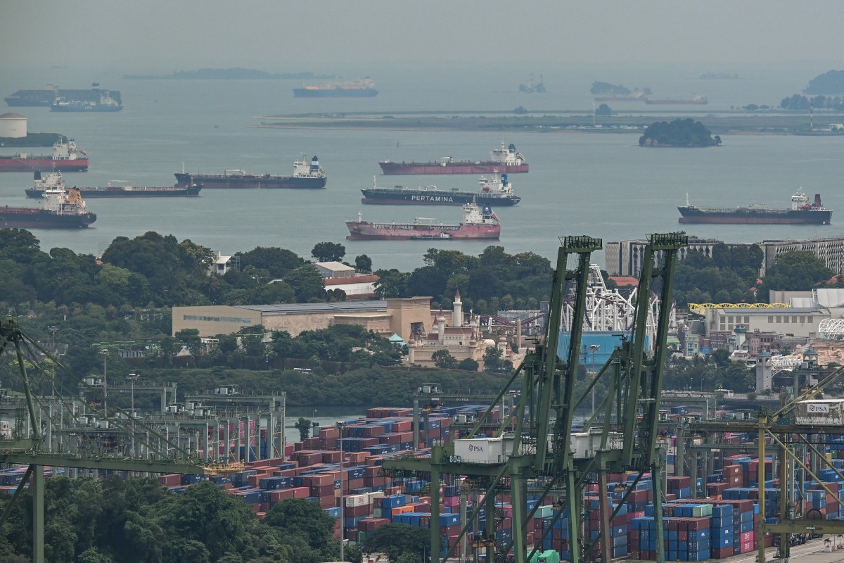 Cargo ships are seen in the Singapore strait on June 1, 2026. (AFP)