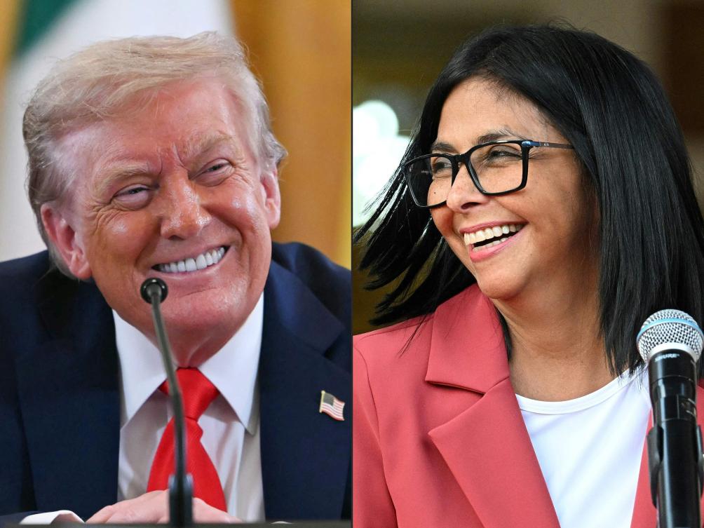 This combination of pictures shows US President Donald Trump smiling during a meeting with Ukrainian President Volodymyr Zelensky and European leaders in the East Room of the White House in Washington, DC, on August 18, 2025, and Venezuela's interim president, Delcy Rodriguez, after their meeting at the Miraflores Presidential Palace in Caracas on March 4, 2026. Caracas on August 28, 2026 confirmed that Venezuela had signed a major oil deal with the United States, giving Washington majority control of 65 billion barrels of proven petroleum reserves. ( AFP)
