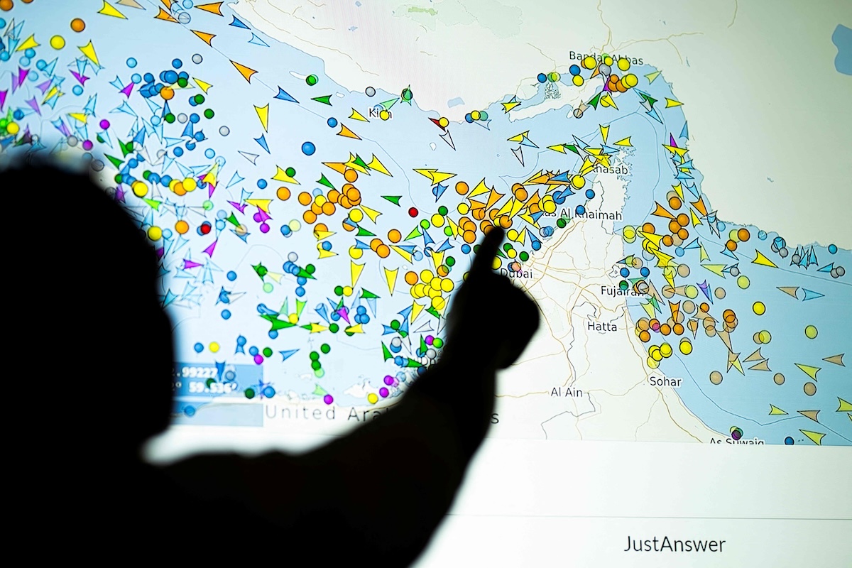 Above, vessel movements in the Strait of Hormuz on a ship-tracking website on May 4, 2026. (AFP)
