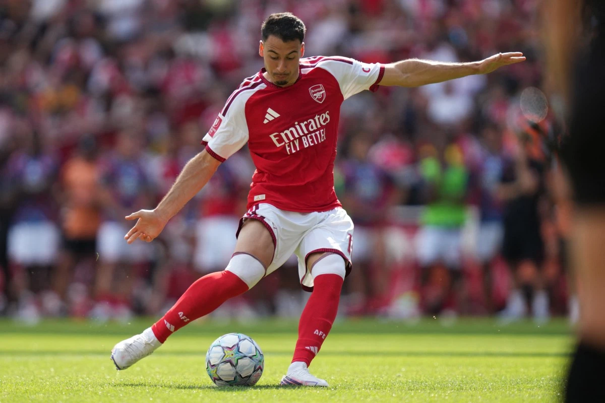 Arsenal's Brazilian midfielder Gabriel Martinelli takes a penalty after pre-season friendly football match between Arsenal and Borussia Dortmund at the Emirates Stadium in London on August 9, 2026. (File/AFP)