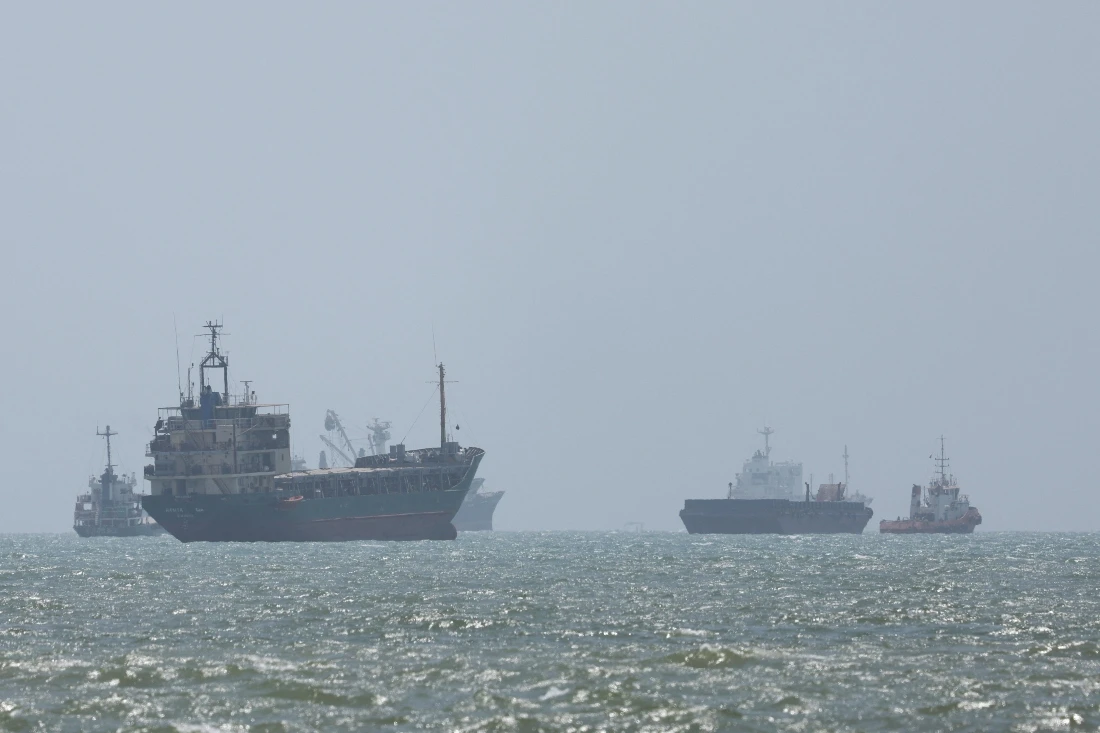 Vessels in the Strait of Hormuz are visible near the beach of Bandar Abbas, Iran. (WNA)