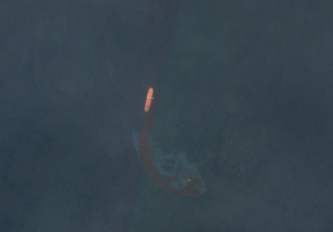 A satellite image shows an oil spill off the coast of Umm Al Quwain, UAE, Oct. 19 (EU/Copernicus Sentinel-2/Handout via Reuters)