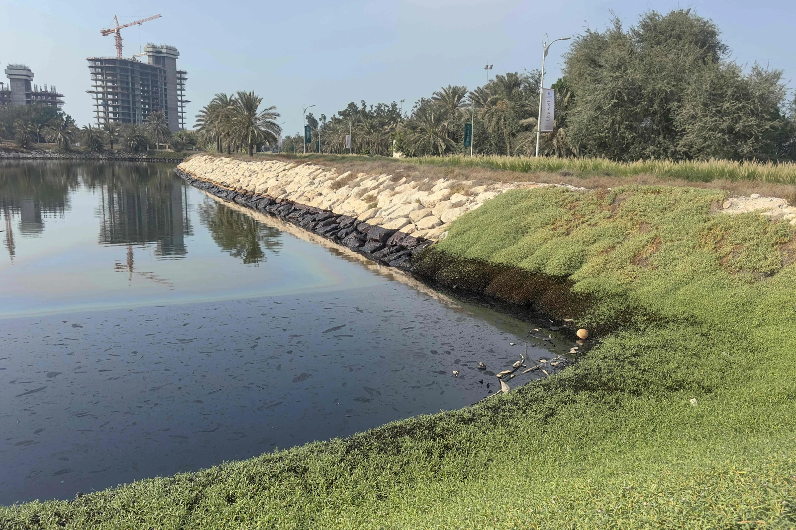 Oil slick is seen floating on the surface of the water at Al Hamra Golf Club of Al Hamra Village in the emirate of Ras Al Khaimah. (File/AFP)
