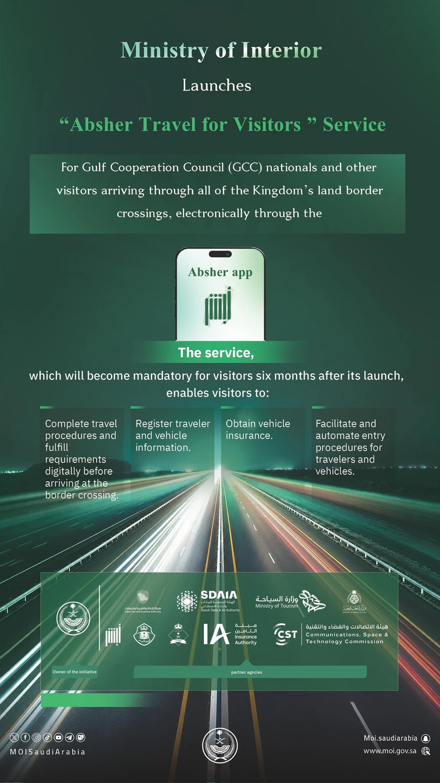 Saudi Arabia's Ministry of Interior launches Absher Travel for Visitors service for land-border arrivals.