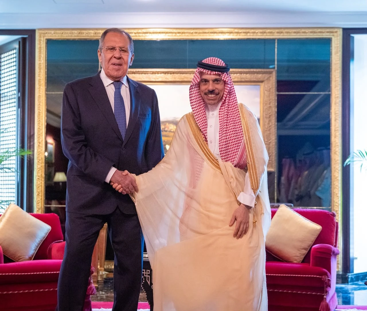Saudi Foreign Minister Prince Faisal bin Farhan meets with Sergey Lavrov in Manama on Sunday. (SPA)