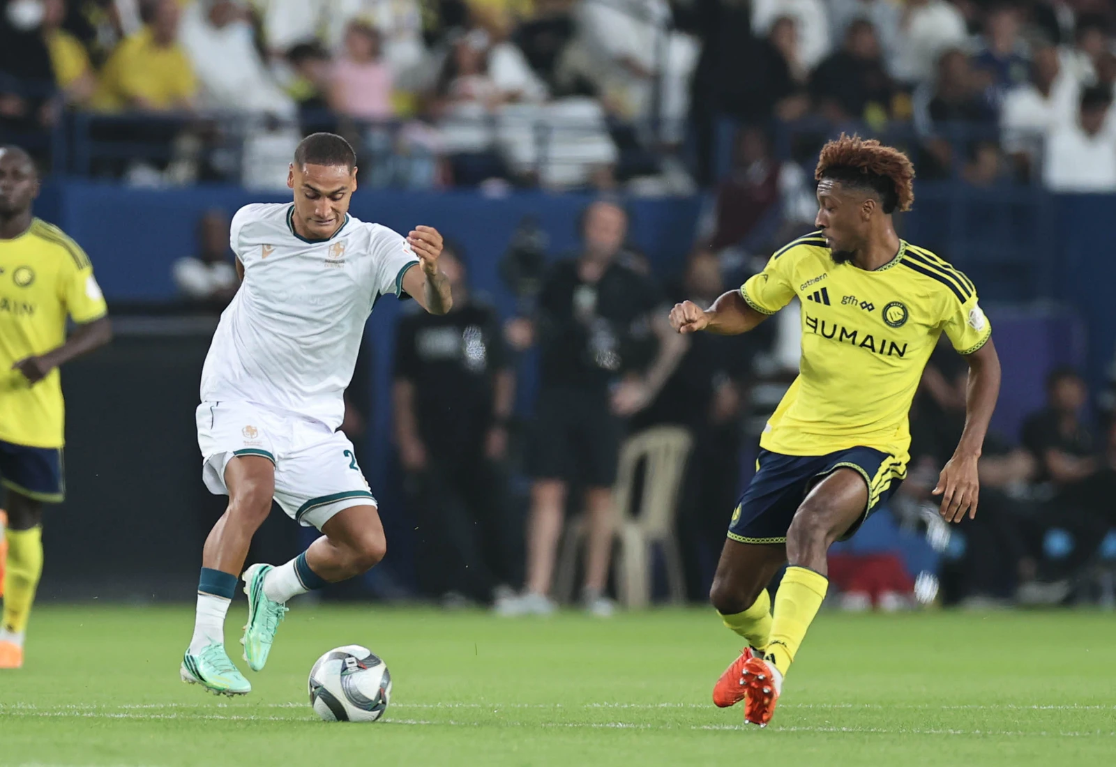 Enzo Millot attempts to dribble past Kingsley Coman. (SPL)