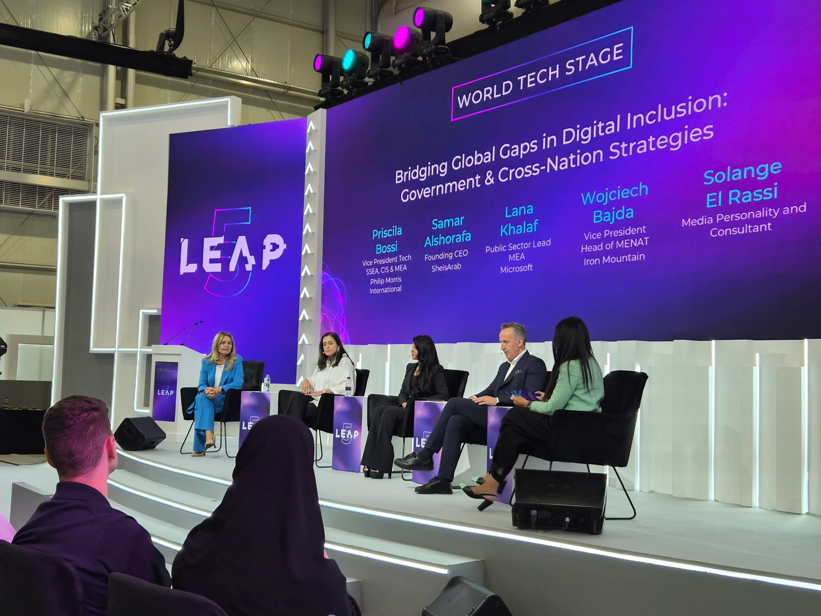 Speakers discuss cross-border collaboration, AI accessibility and strategies for advancing digital inclusion during the “Bridging Global Gaps in Digital Inclusion: Government and Cross-Nation Strategies” session at LEAP Saudi Arabia 2026 in Riyadh. (AN Rahaf Jambi)