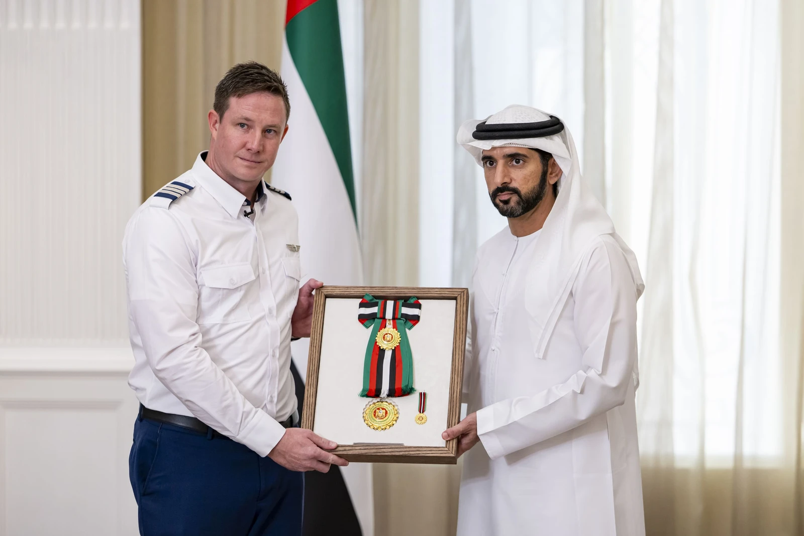 Dubai Crown Prince Sheikh Hamdan bin Mohammed bin Rashid Al-Maktoum honoured FlyDubai's crew for their "courage and professionalism."  (WAM)