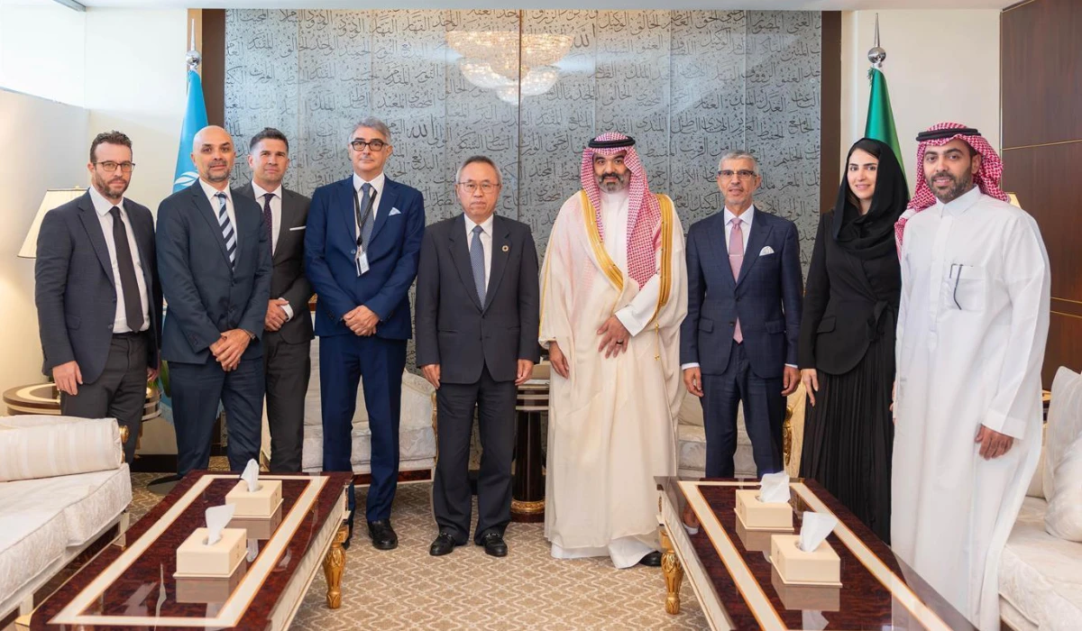 Abdullah Al-Swaha pose for a group photo with Saudi and UN officials in New York. (SPA)