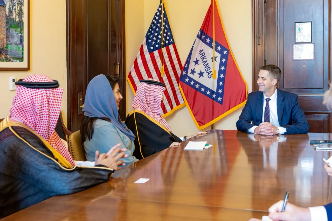 Saudi Foreign Minister Prince Faisal bin Farhan meets with the Chairman of the US Senate Select Committee on Intelligence Tom Cotton in Washington on Tuesday. (SPA)