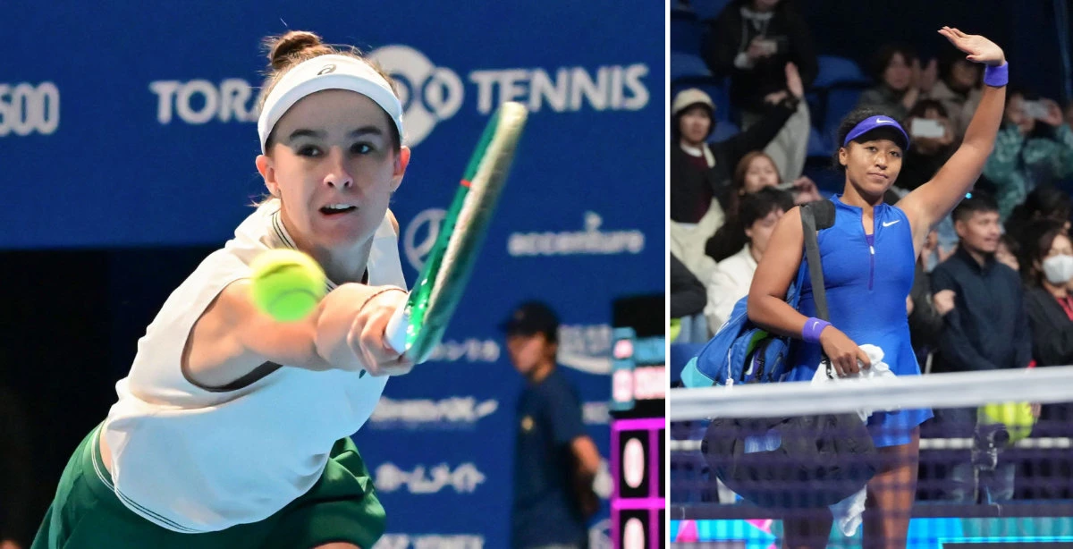 Mia Pohankova of Slovakia (left) makes a backhand return to Japan's Naomi Osaka during a second round match of the Pan Pacific Open tennis in Tokyo on Oct. 29, 2026. Osaka was eliminated from the tournament. (Kyodo News via AP)