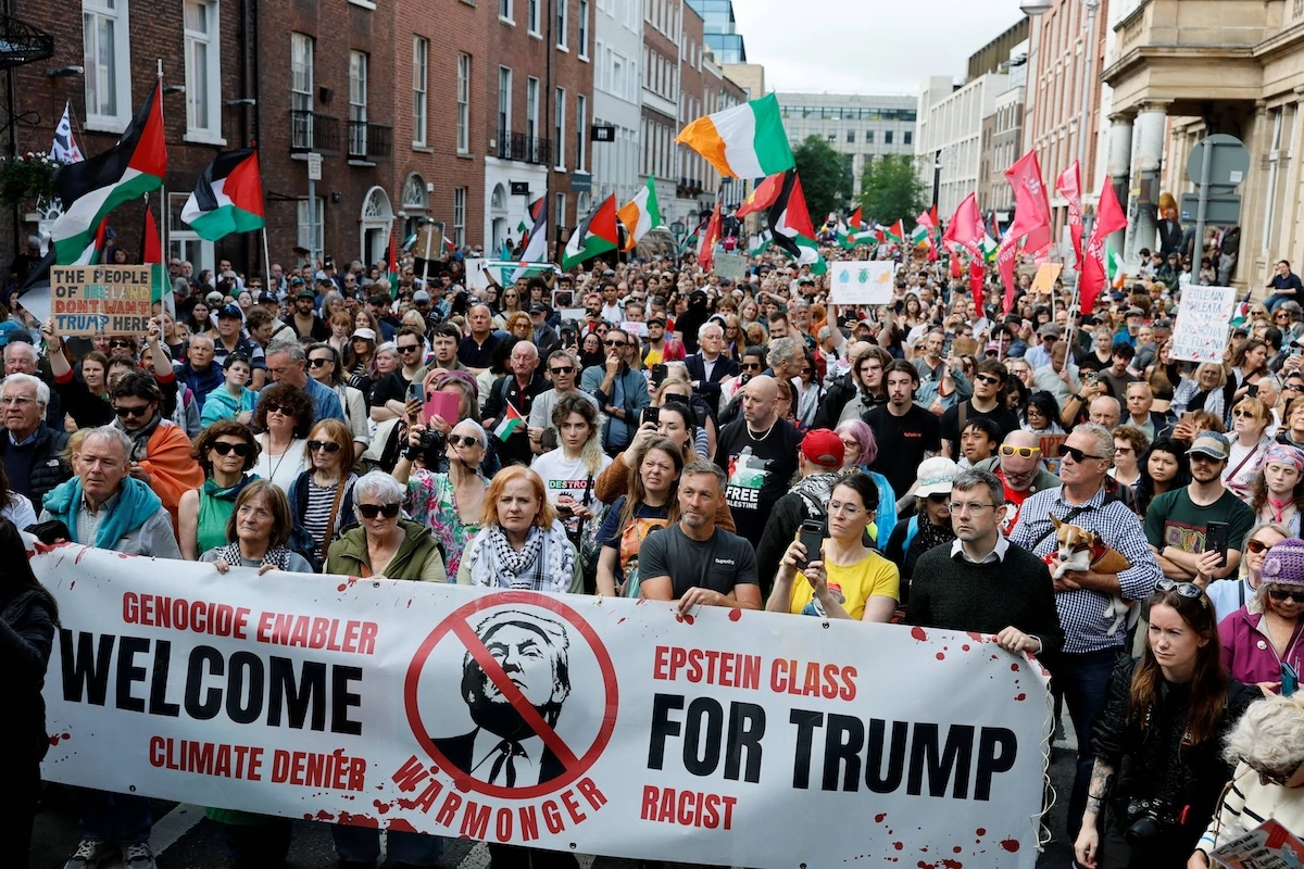 People take part in a protest against the visit of US President Donald Trump in the Irish capital Dublin on September 12, 2026. (AFP)