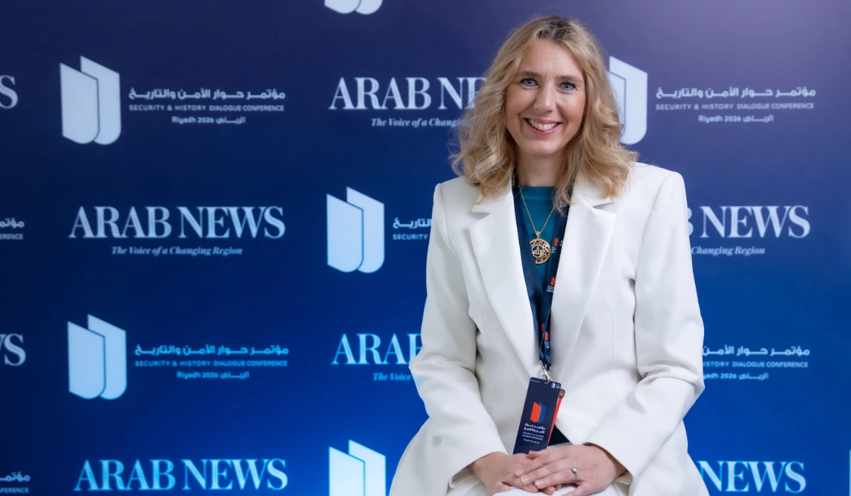 Yvonne Winter, CEO of FlyNow Arabia and president of Sky Alliance for Automated Air Mobility, delivers a special address at the Security and History Dialogue Conference in Riyadh. (AN photo by Huda Bashatah)