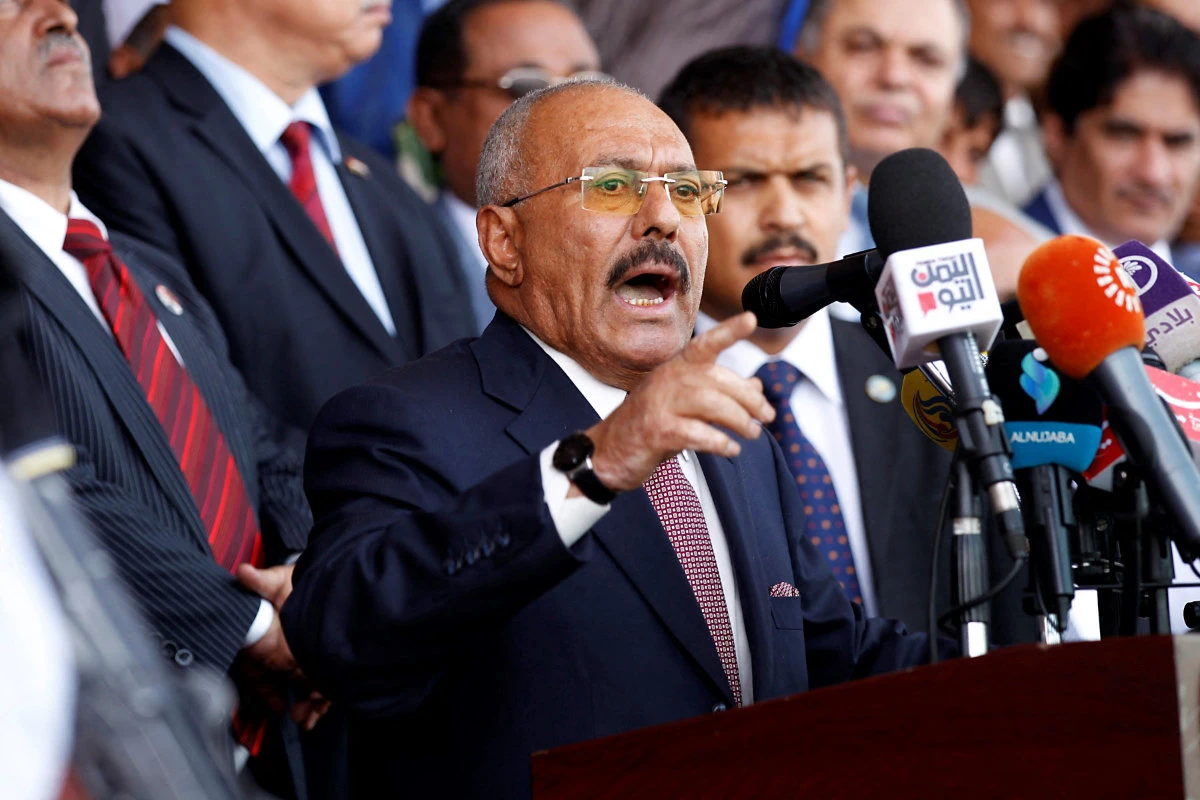 Yemen’s ex-president Ali Abdullah Saleh speaks during a rally of his political party, the General People’s Congress, at Sabaeen Square in the capital Sanaa on August 24, 2017 weeks before his death. (AFP File)