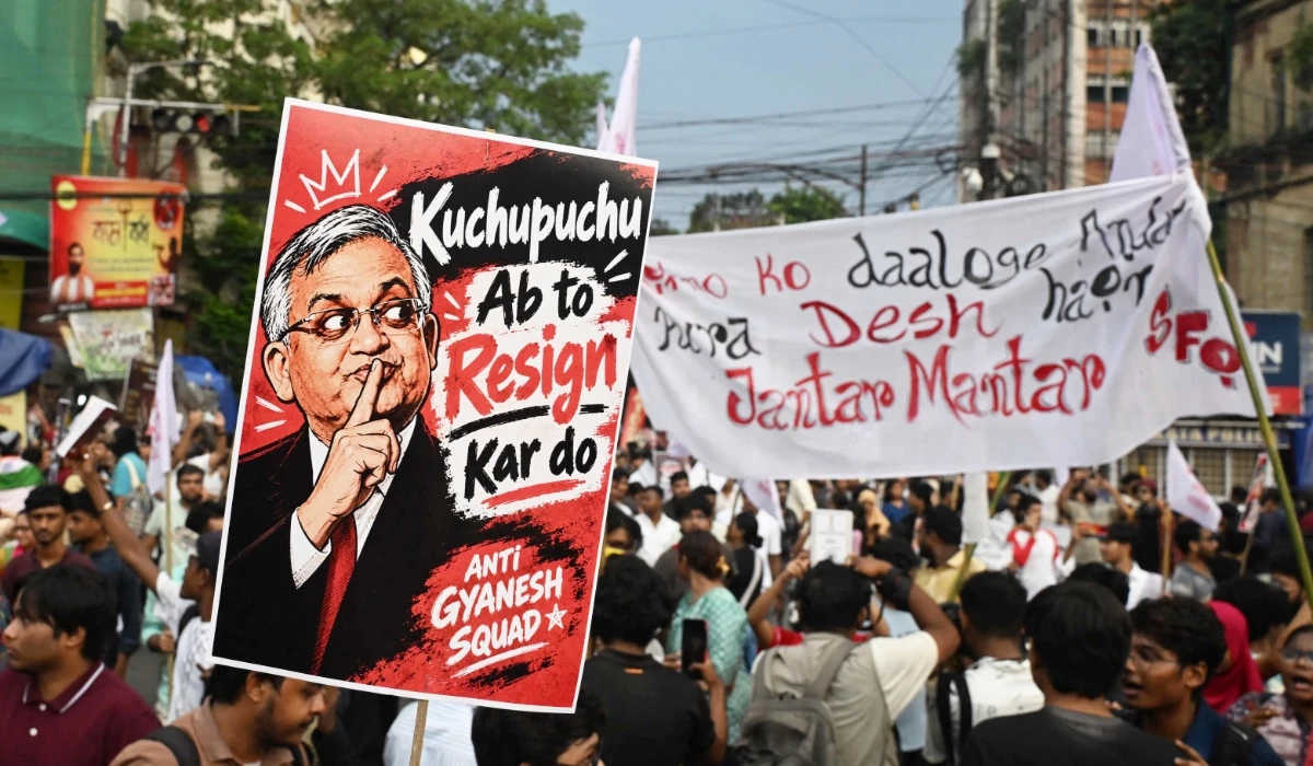 Student activists aligned with left-wing organisations hold a poster of India's Chief Election Commissioner Gyanesh Kumar amid the ongoing protest in solidarity with the youth-led Cockroach Janata Party (CJP) demanding his resignation over alleged voter roll irregularities linked to the "special intensive revision" (SIR), in Kolkata on October 11, 2026. (AFP)