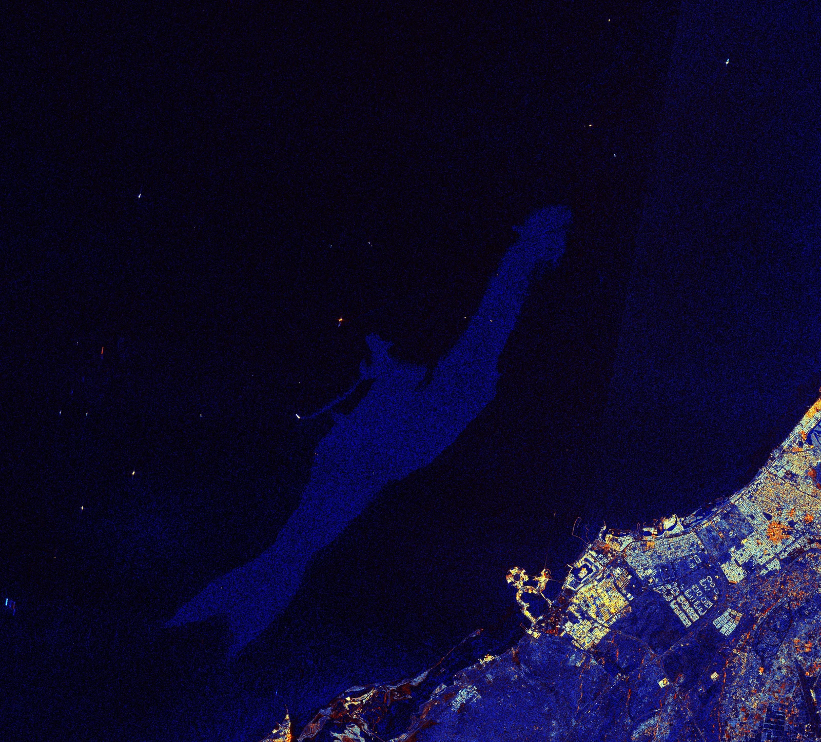 A satellite image shows an oil spill off the coast of Umm Al-Quwain, UAE, on Wednesday. (EU/Copernicus Sentinel-2/Handout via Reuters)