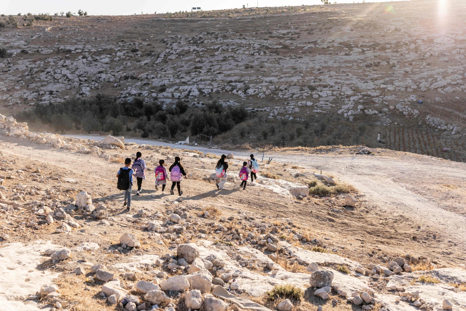 Seven of Mohammed Fadel Amr's children leave the cave that the family has turned into their home as they head to school in the village of Al-Tuwani, in the Israeli-occupied West Bank. (AFP)