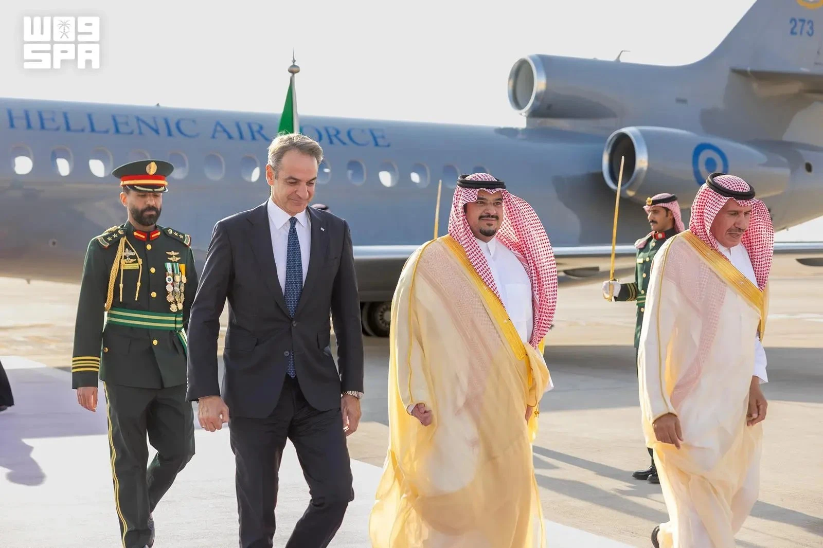 Greek Prime Minister Kyriakos Mitsotakis arrives in Riyadh on Sunday. (SPA)