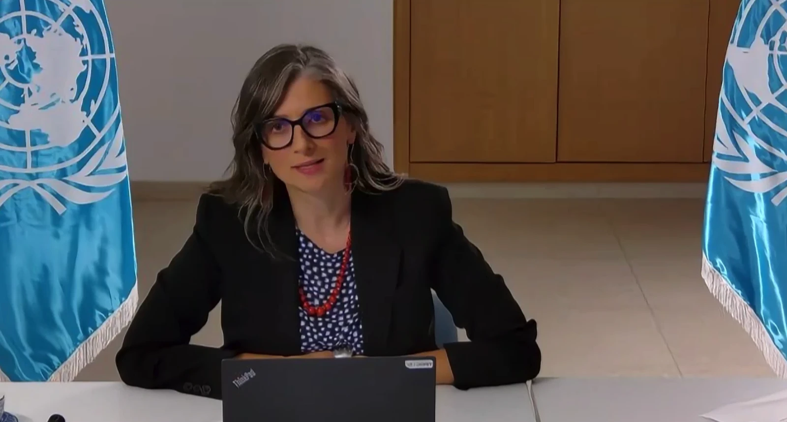 Francesca Albanese, the UN’s special rapporteur on the occupied Palestinian territories, speaks during a virtual media briefing on Tuesday. (Screengrab)