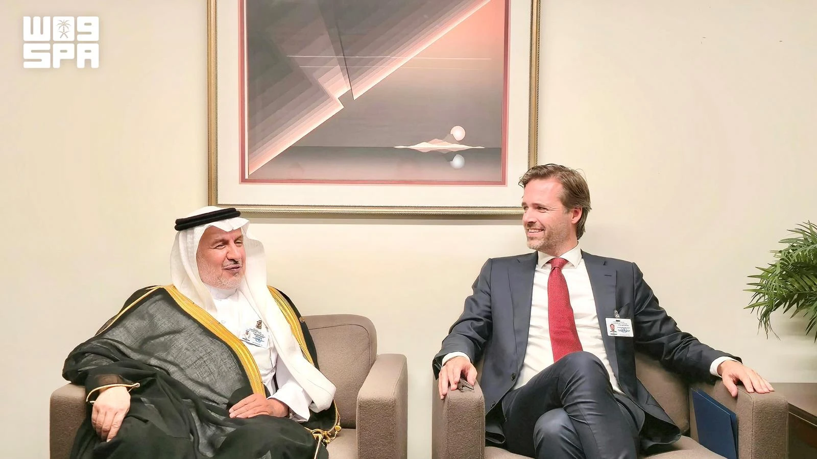 KSrelief Supervisor-General Dr. Abdullah Al-Rabeeah meets Dutch Minister for Foreign Trade and Development Cooperation Sjoerd Sjoerdsma. (SPA)