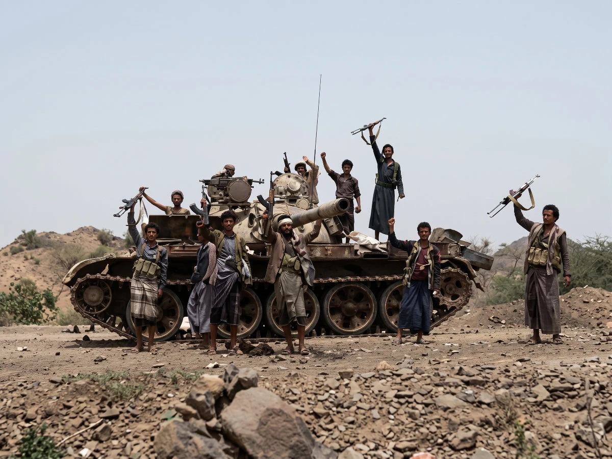 A video grab shows Houthi rebels riding over a military tank they seized from an army post during battles in the northwestern Saada province, north of the Yemeni capital Sanaa. (AFP File)