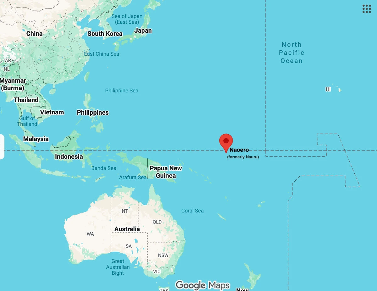 Google map showing the location of Naoero, formerly Nauru, in the South Pacific.
