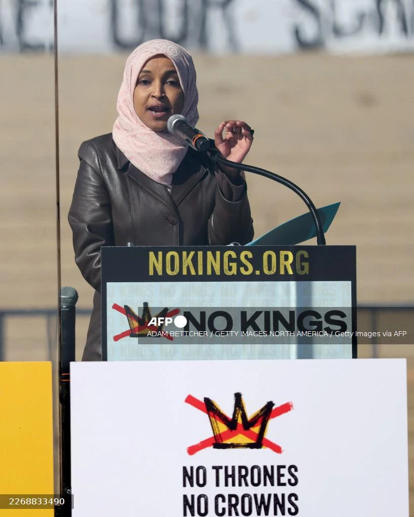 US Rep Ilhan Omar speaks onstage as hundreds of thousands protest as part of the No Kings Rallies on March 28, 2026 in St. Paul, Minnesota.  (Getty Images/AFP)