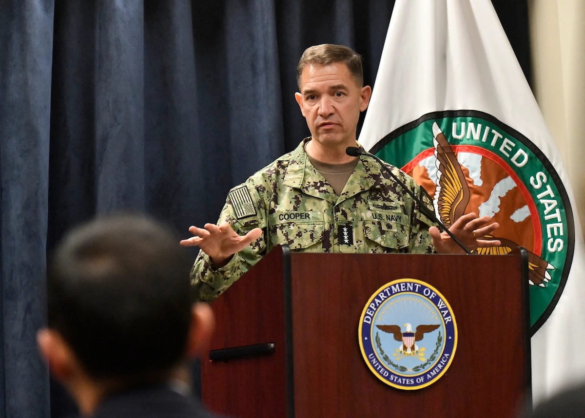 Admiral Charles Bradford "Brad" Cooper II, Commander of US Central Command speaks during a joint press conference with US Secretary of Defense Pete Hegseth, at US Central Command (CENTCOM) headquarters at MacDill Air Force Base in Tampa, Florida, on March 5, 2026.