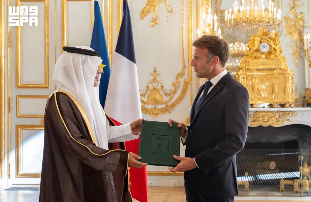 French President Emmanuel Macron received the credentials of Saudi Ambassador Faisal Al-Mejfel. (SPA)