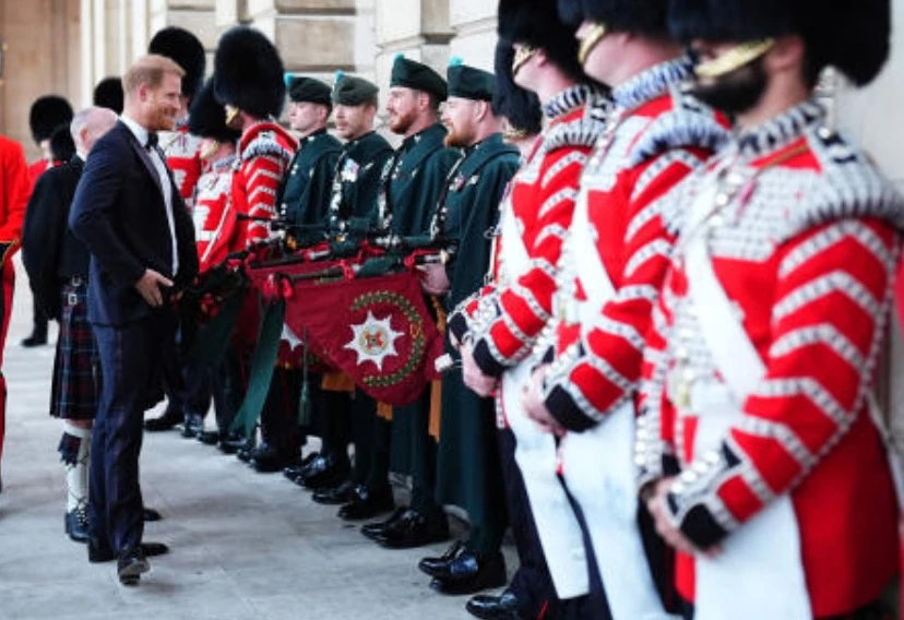 Britain’s Prince Harry, Duke of Sussex, speaks to members of the Irish Guards’ Band as he arrives at the inaugural Invictus Spirit Awards, presented by ATCO, held at Old Royal Naval College at Greenwich, in London, Sept. 17, 2026. (Reuters)