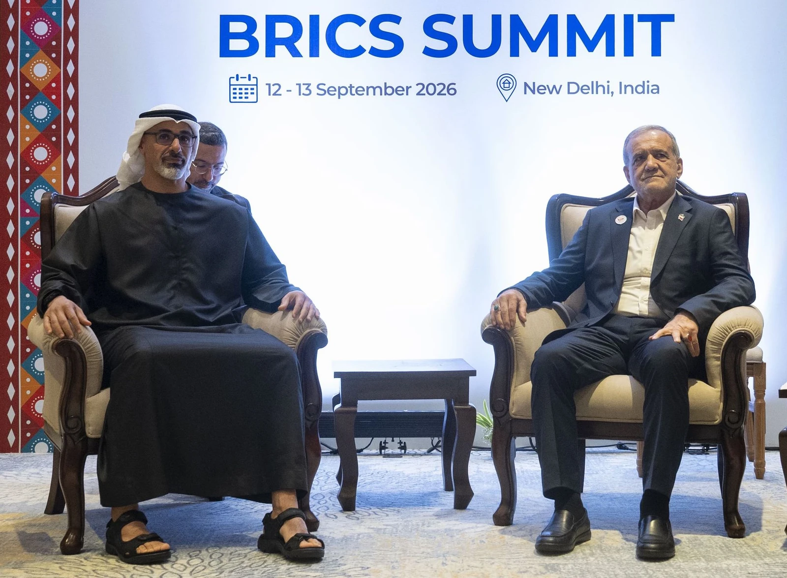 Iran's President Masoud Pezeshkian met with Abu Dhabi Crown Prince Sheikh Khaled bin Mohamed Al-Nahyan at the BRICS Summit in New Delhi on Saturday. (WAM)