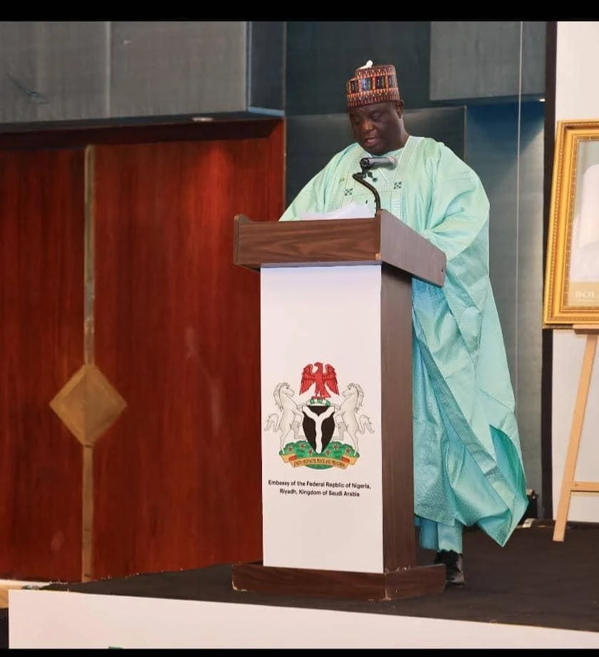 Nigerian Ambassador to Saudi Arabia Yakubu N Gambo speaking at the Independence anniversary reception in Riyadh.