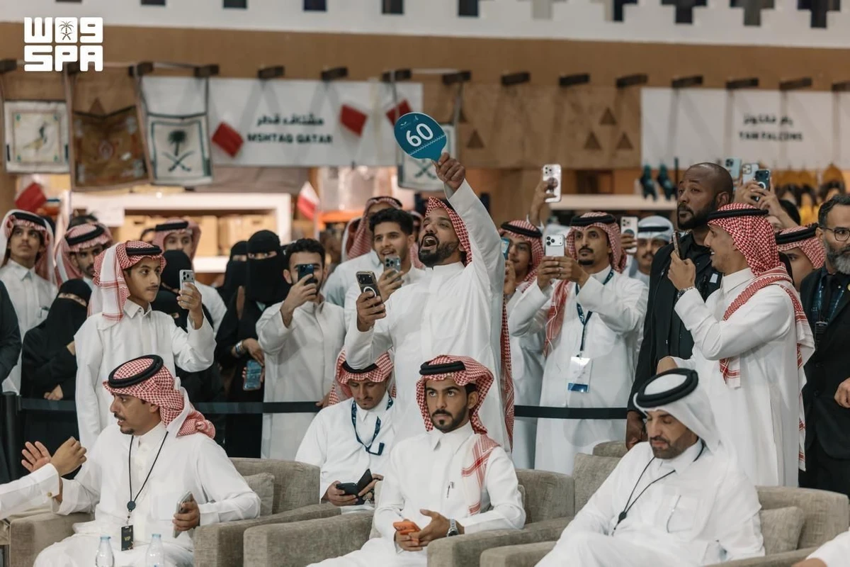 Mongolian saker falcons are displayed at the International Saudi Falcons and Hunting Exhibition in Riyadh, where one bird sold for a record SR1.4 million.