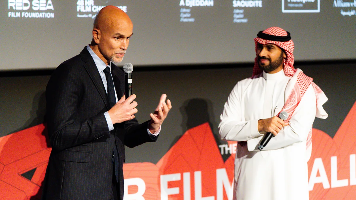 Faisal Baltyuor, CEO of the Red Sea Film Foundation right and Consul General of the French Republic in Jeddah, Mohammed Nehad, during the openning remarks. (Supplied)