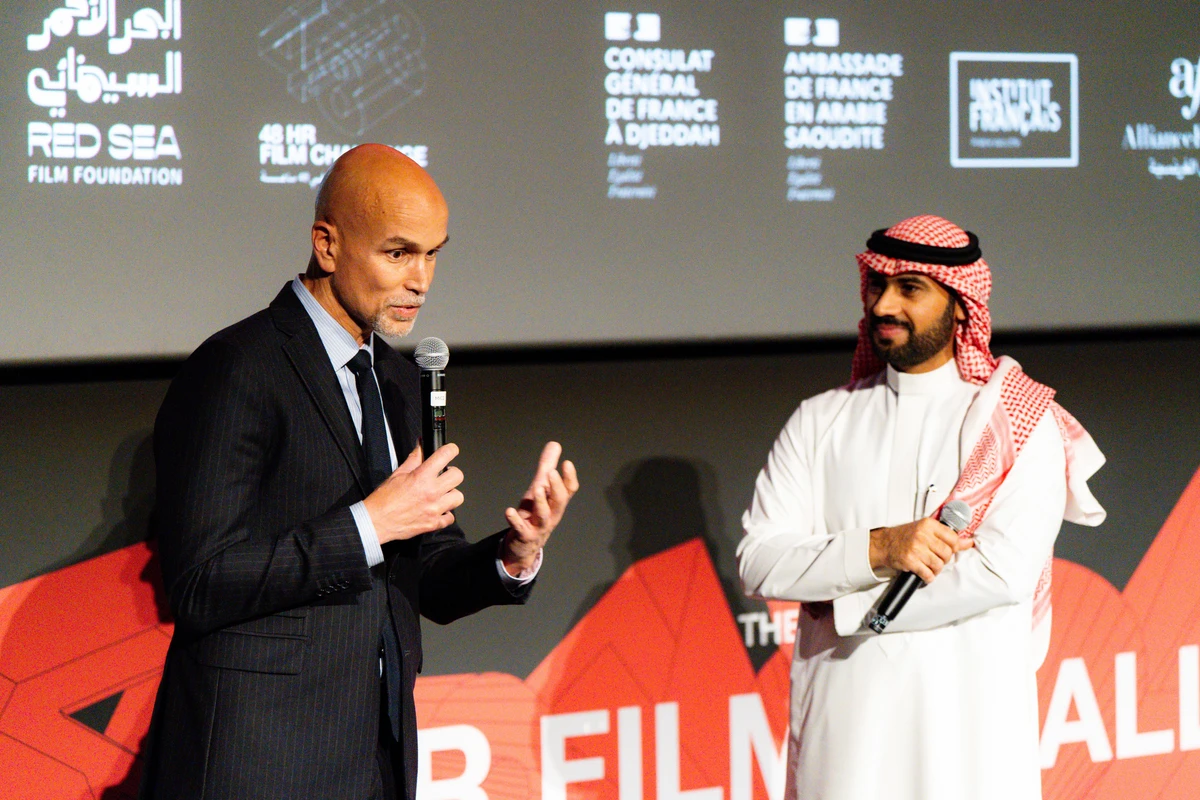 Faisal Baltyuor, CEO of the Red Sea Film Foundation right and Consul General of the French Republic in Jeddah, Mohammed Nehad, during the openning remarks.