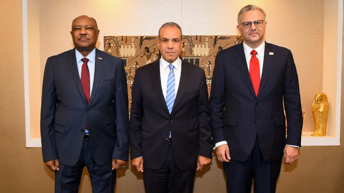 Egyptian FM Badr Abdelatty, center, met Sunday with his Sudanese counterpart Mohieldin Salem, left, and Massad Boulos, the US president’s senior adviser for Arab and African affairs. (Egyptian Foreign Ministry)