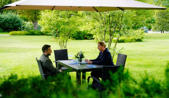 Ukraine's President Volodymyr Zelensky (L) and Denmark's Prime Minister Mette Frederiksen (L) have a meeting at the Mariinskyi Palace in Kyiv, during the Nordic-Baltic Eight summit in Kyiv on August 23, 2026, amid Russia’s invasion of Ukraine. (AFP)