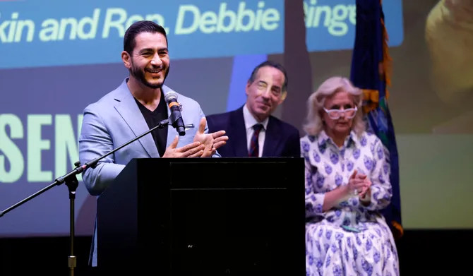 US Democratic Senate candidate from Michigan Abdul El-Sayed speaks while US Representatives Jamie Raskin and Debbie Dingell listen, during a Student Meet and Greet at the Michigan Theatre in Ann Arbor, Michigan, on August 26, 2026. (AFP)