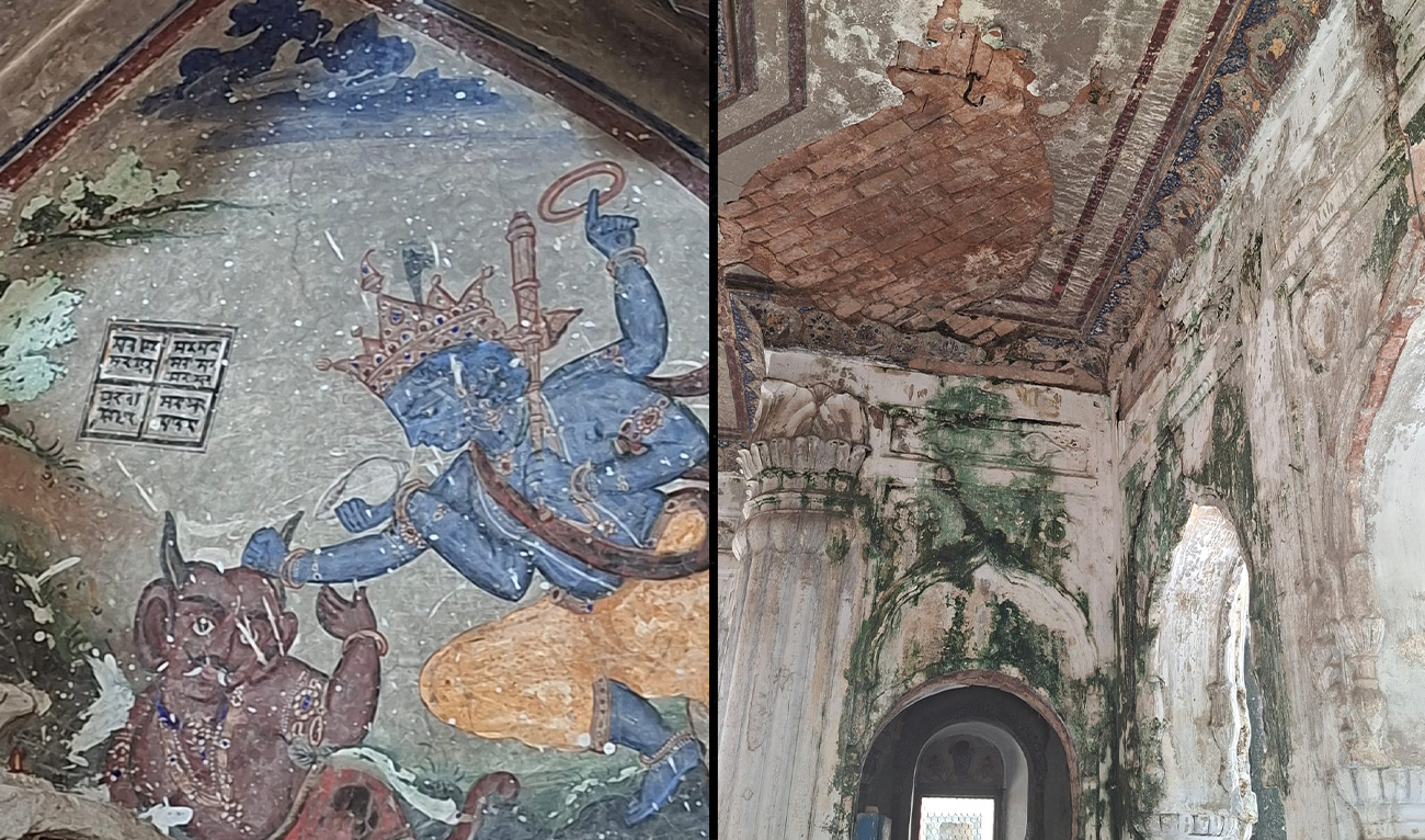 The left side shows painting on the wall of the temple, while the right side reveals the deteriorating interior of the structure of the temple, in Rawalpindi, Pakistan, on September 8, 2026. (AN Photo)