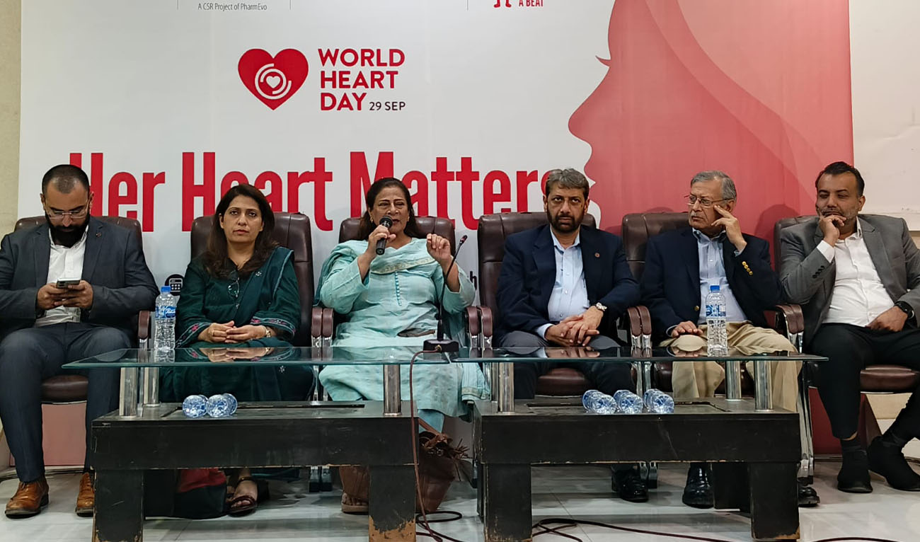 Tazeen Abbas of the Society of Obstetricians and Gynaecologists of Pakistan speaks during a press conference launching “Her Heart Matters,” a campaign organized by Pakistani pharmaceutical company PharmEvo with medical societies in Karachi on September 28, 2026.
