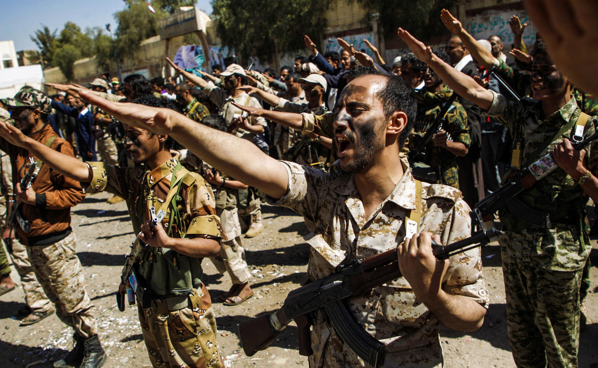 In this file photo, newly recruited Houthi fighters chant slogans during a gathering in the capital Sanaa, Yemen, on Feb. 2, 2017. (AFP)