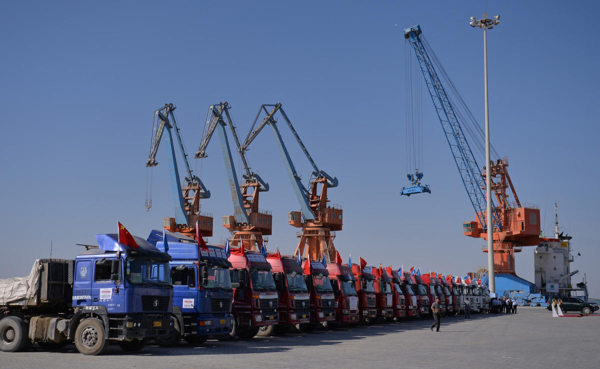 In this file photo, Chinese trucks stand on a pontoon during the opening of a trade project in Gwadar port, some 700km west of the Pakistani city of Karachi on Nov. 13, 2016. (AFP)