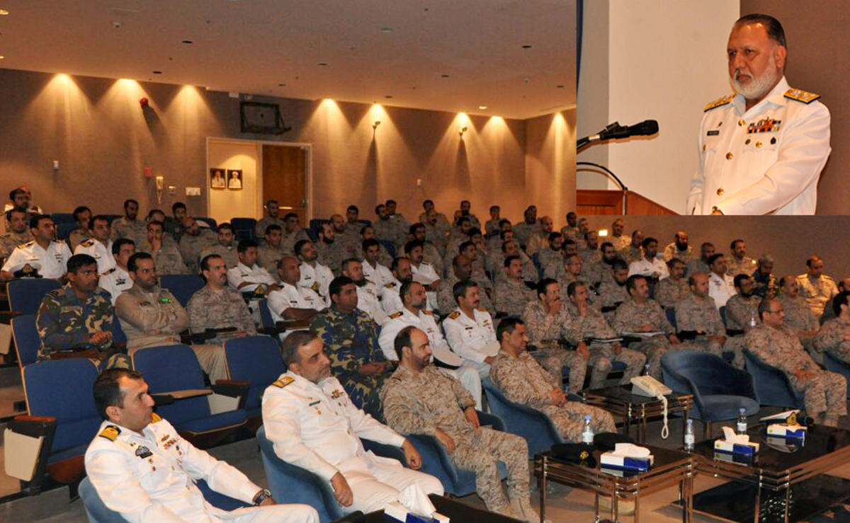Chief of Staff (Personnel), Vice Admiral Abdul Aleem addressing the audience during debrief session of PN-RSNF Joint Naval Exercises Naseem Al Bahr XI and Deraa Al Sahil at King Abdul Aziz Naval Base Al Jubail. (Photo courtesy: Pakistan Navy)