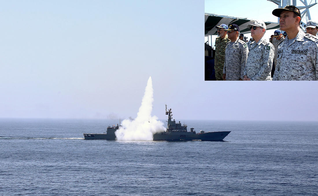 Chief of the Naval Staff Admiral Zafaf Mahmood Abbasi along with Chief of Air Staff Marshall Sohail Aman witnessing missile firing by PNS SAIF out at sea during the Sea Phase of Exercise RIBAT-18. (Photo courtesy: Pakistan Navy)