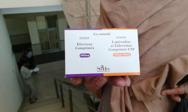 Johar Afridi, an HIV patient, shows a packet of tablets, which he says costs around 13000 rupees per month but he receives it for free from the AIDS Control Program. (Photo courtesy: AN photos)