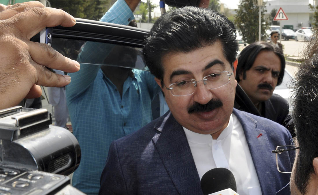 Newly elected Chairman Senate Muhammad Sadiq Sanjrani who secured 57 votes, speaks to reporters outside the Parliament in Islamabad, Pakistan, Monday, March 12, 2018. (AP)