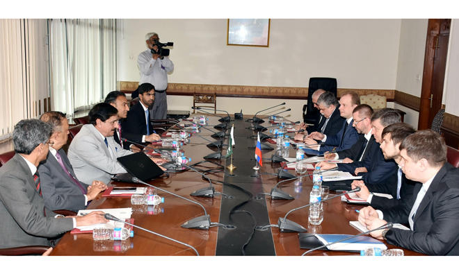 Mikhail Popov, Russia Federation National Security Council deputy secretary, and his delegation meeting with their Pakistani counterpart led by National Security Advisor Nasser Khan Janjua in Islamabad on Mar. 14, 2018.