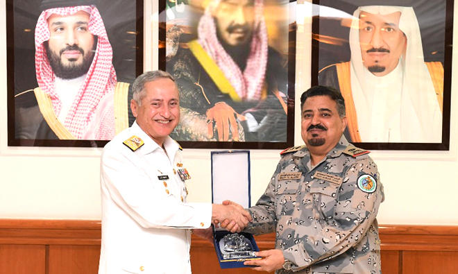 Chief of the Naval Staff Admiral Zafar Mahmood Abbasi presenting a souvenir to Vice Admiral Awwad Eid Al Balawi, Commander Royal Saudi Border Guard, during his visit to KSA.